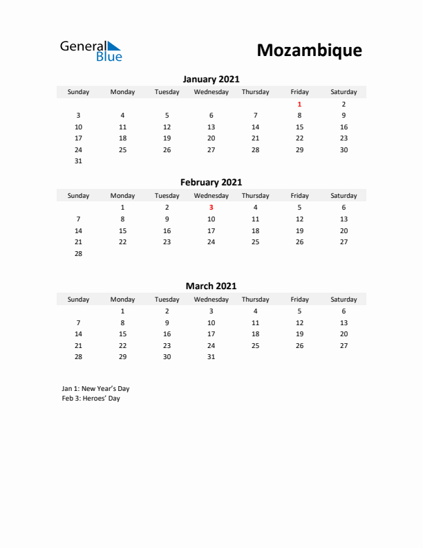 Printable Quarterly Calendar with Notes and Mozambique Holidays- Q1 of 2021