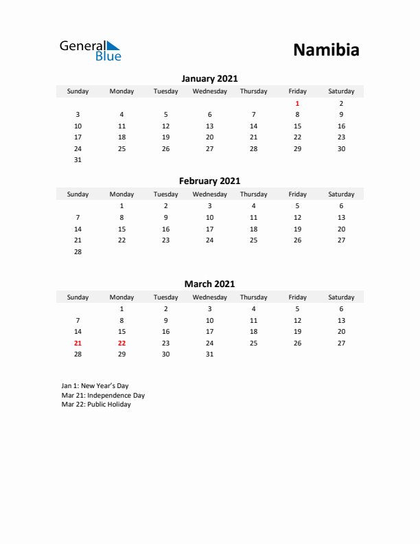 Printable Quarterly Calendar with Notes and Namibia Holidays- Q1 of 2021