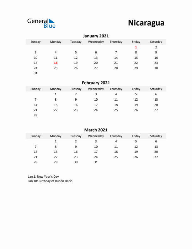 Printable Quarterly Calendar with Notes and Nicaragua Holidays- Q1 of 2021