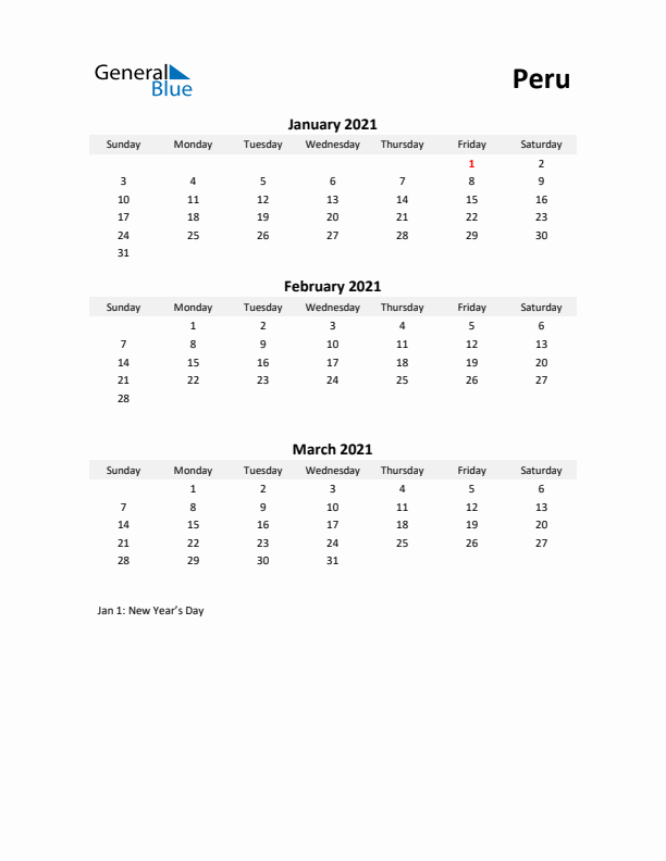 Printable Quarterly Calendar with Notes and Peru Holidays- Q1 of 2021