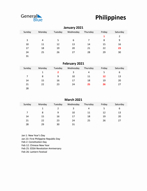 Printable Quarterly Calendar with Notes and Philippines Holidays- Q1 of 2021