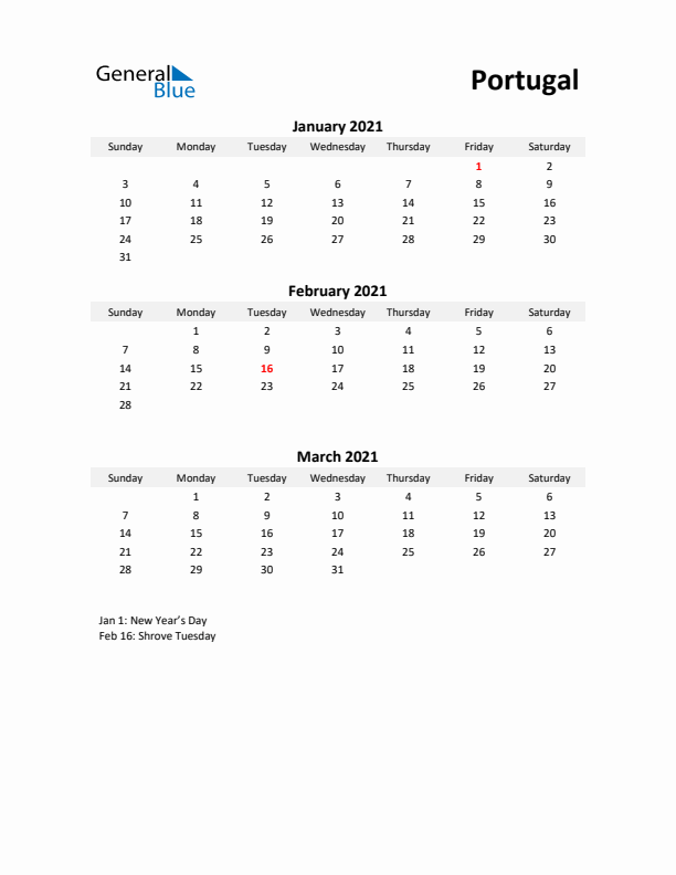 Printable Quarterly Calendar with Notes and Portugal Holidays- Q1 of 2021