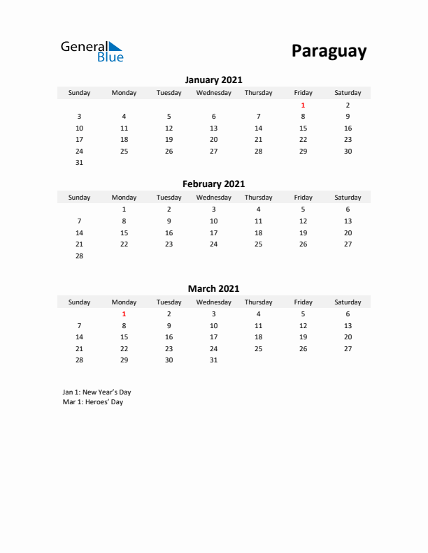 Printable Quarterly Calendar with Notes and Paraguay Holidays- Q1 of 2021