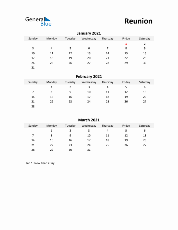 Printable Quarterly Calendar with Notes and Reunion Holidays- Q1 of 2021