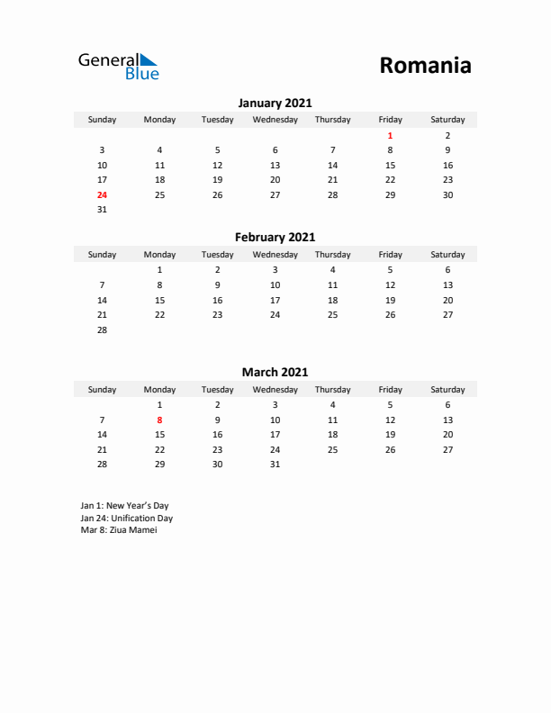 Printable Quarterly Calendar with Notes and Romania Holidays- Q1 of 2021