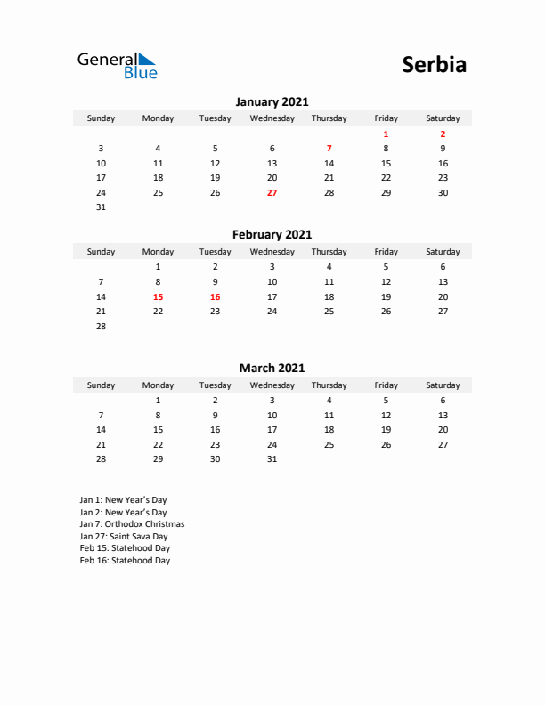 Printable Quarterly Calendar with Notes and Serbia Holidays- Q1 of 2021