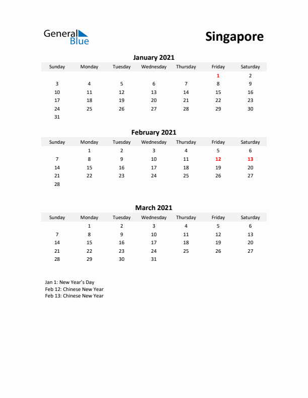 Printable Quarterly Calendar with Notes and Singapore Holidays- Q1 of 2021