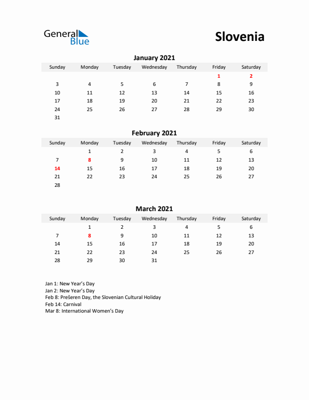 Printable Quarterly Calendar with Notes and Slovenia Holidays- Q1 of 2021