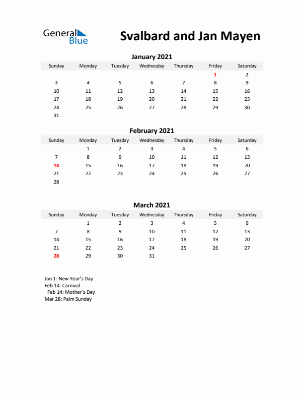 Printable Quarterly Calendar with Notes and Svalbard and Jan Mayen Holidays- Q1 of 2021