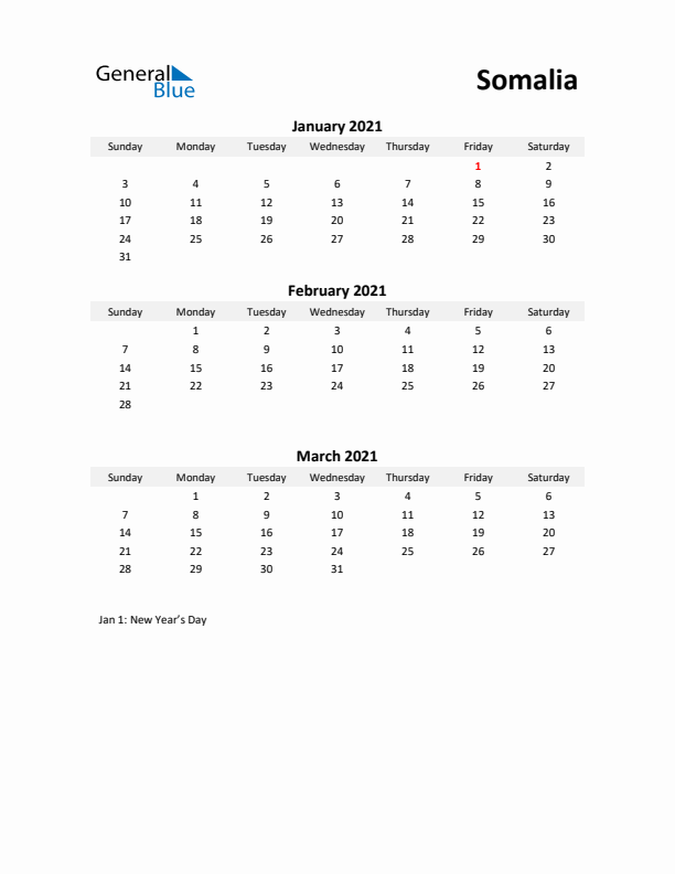 Printable Quarterly Calendar with Notes and Somalia Holidays- Q1 of 2021