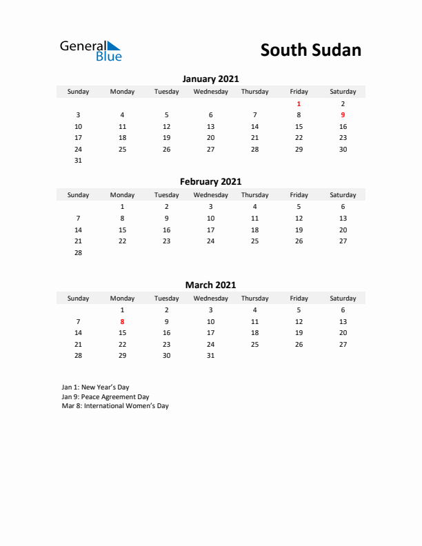 Printable Quarterly Calendar with Notes and South Sudan Holidays- Q1 of 2021