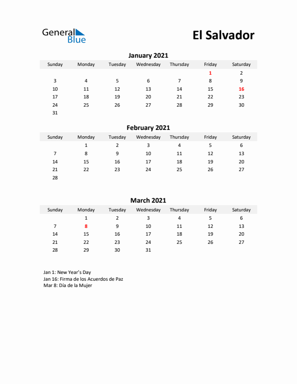 Printable Quarterly Calendar with Notes and El Salvador Holidays- Q1 of 2021