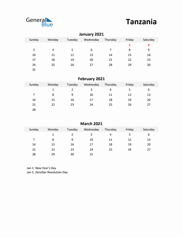 Printable Quarterly Calendar with Notes and Tanzania Holidays- Q1 of 2021