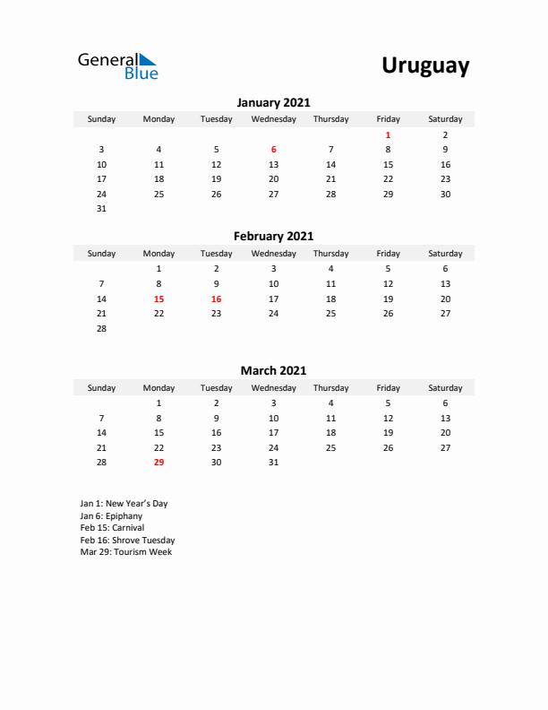 Printable Quarterly Calendar with Notes and Uruguay Holidays- Q1 of 2021