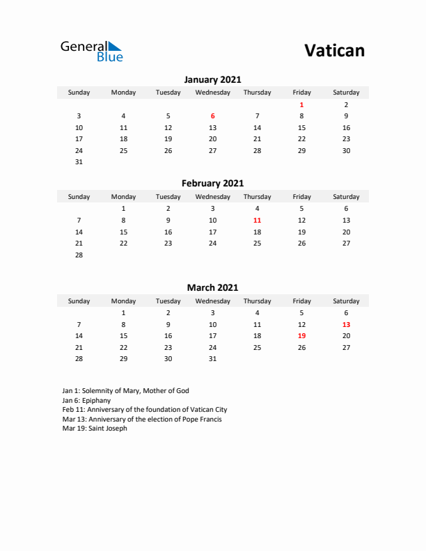 Printable Quarterly Calendar with Notes and Vatican Holidays- Q1 of 2021