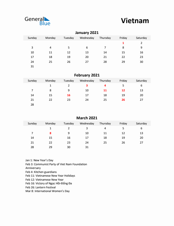 Printable Quarterly Calendar with Notes and Vietnam Holidays- Q1 of 2021