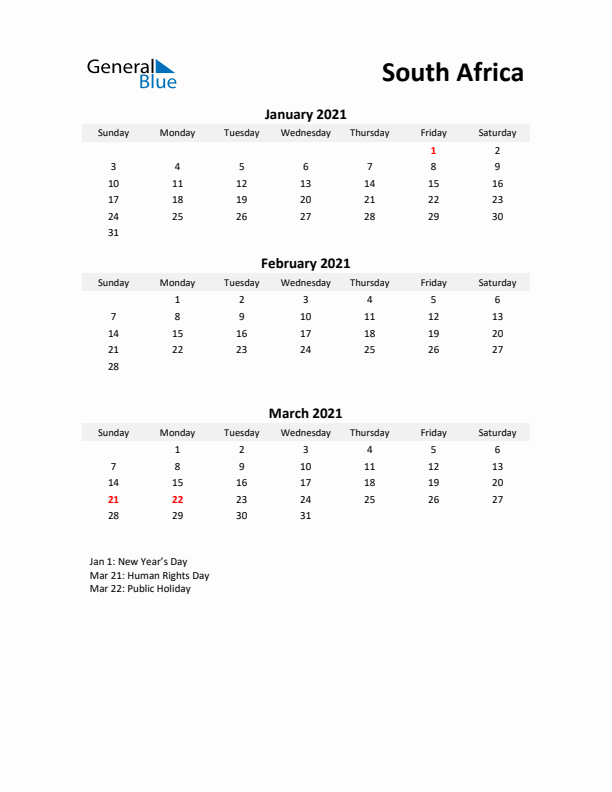 Printable Quarterly Calendar with Notes and South Africa Holidays- Q1 of 2021