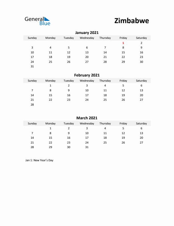 Printable Quarterly Calendar with Notes and Zimbabwe Holidays- Q1 of 2021