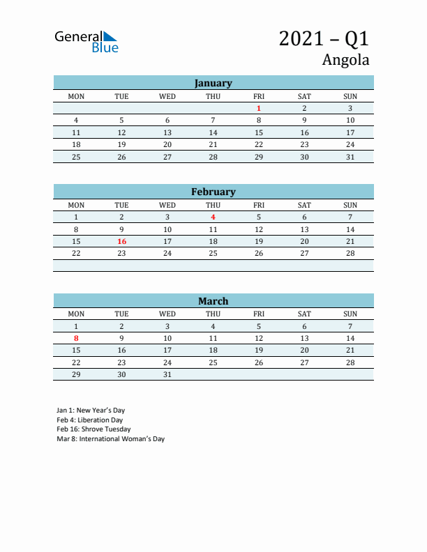 Three-Month Planner for Q1 2021 with Holidays - Angola