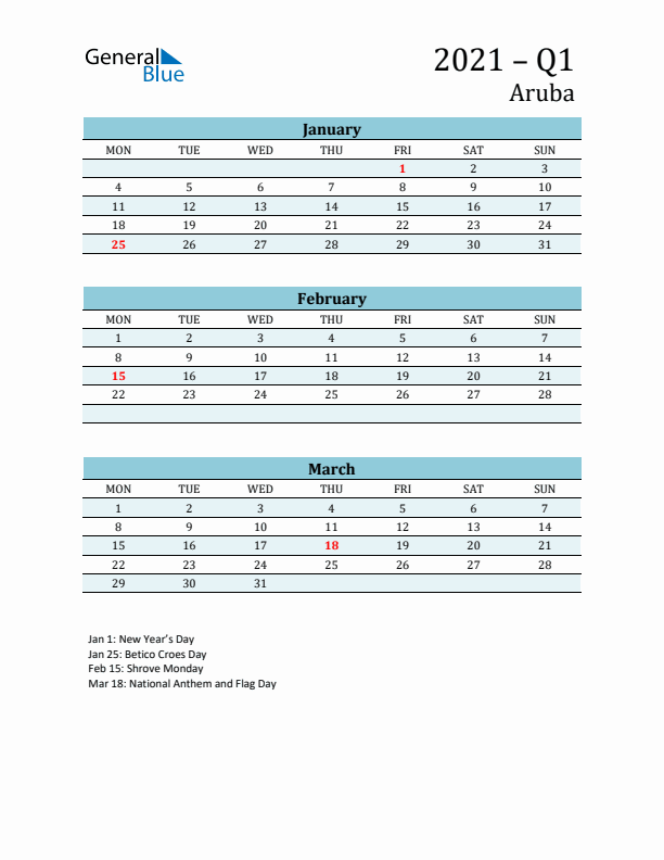 Three-Month Planner for Q1 2021 with Holidays - Aruba