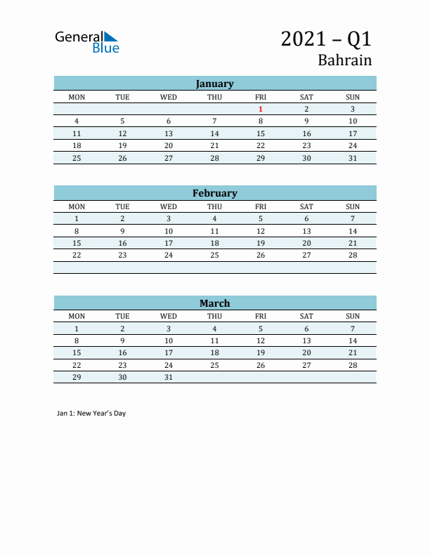 Three-Month Planner for Q1 2021 with Holidays - Bahrain