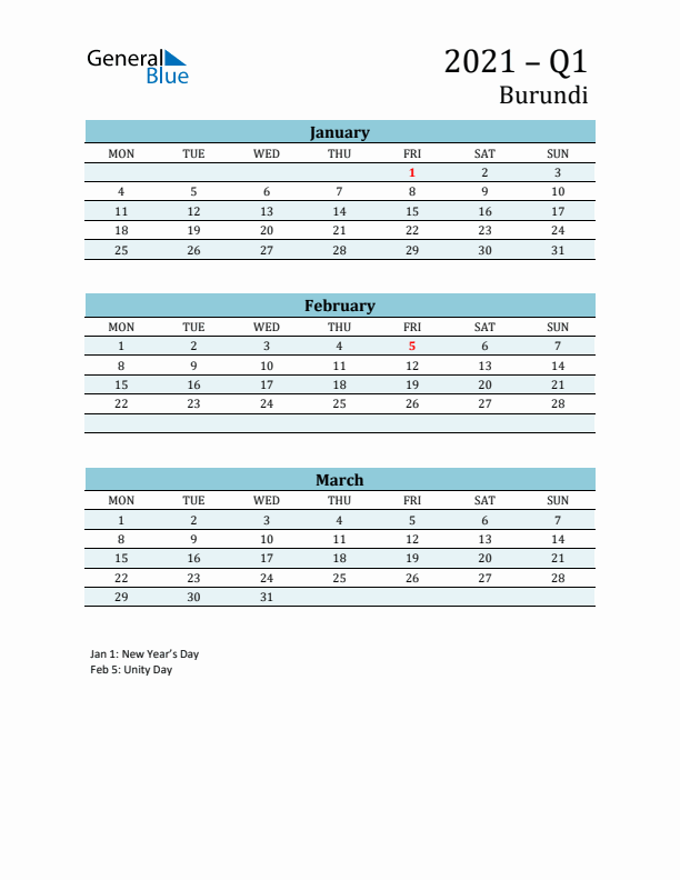 Three-Month Planner for Q1 2021 with Holidays - Burundi