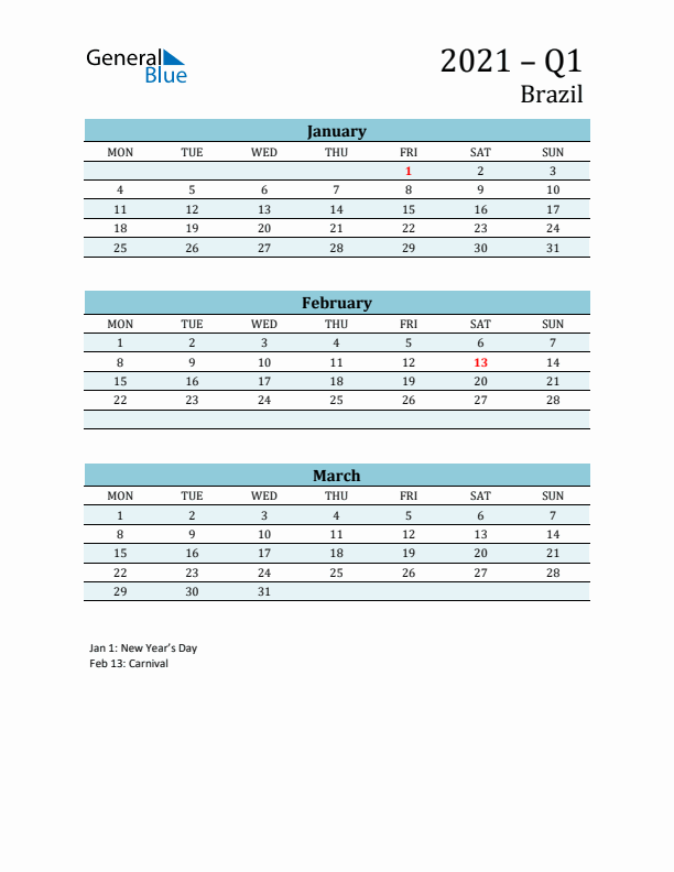 Three-Month Planner for Q1 2021 with Holidays - Brazil