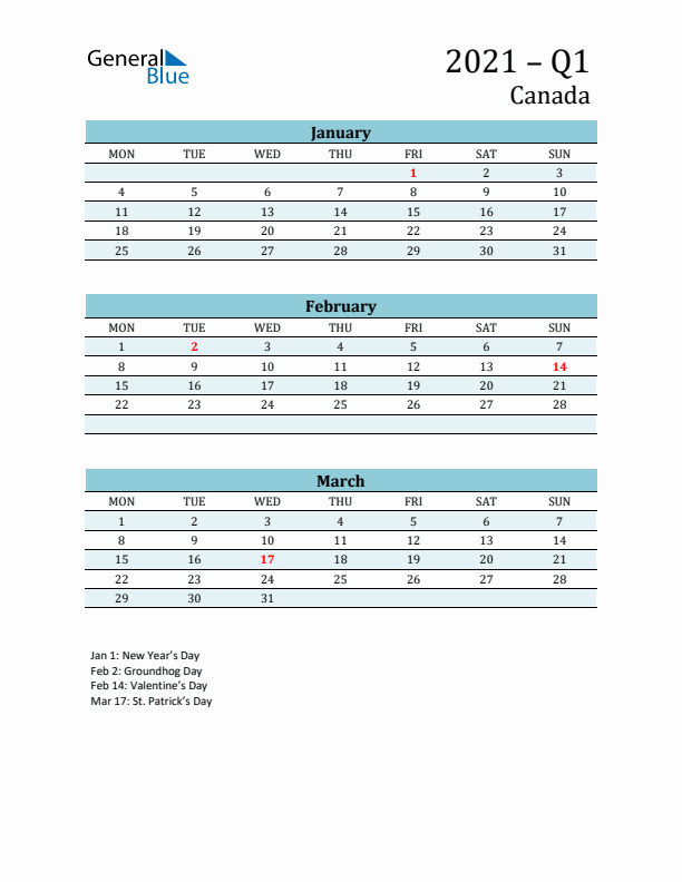 Three-Month Planner for Q1 2021 with Holidays - Canada