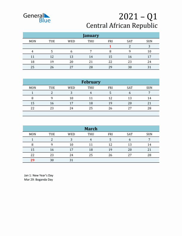 Three-Month Planner for Q1 2021 with Holidays - Central African Republic