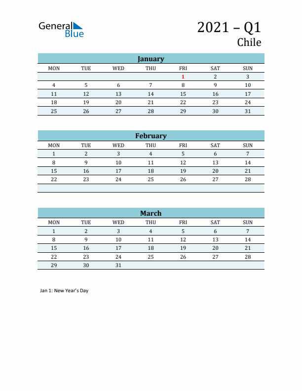 Three-Month Planner for Q1 2021 with Holidays - Chile