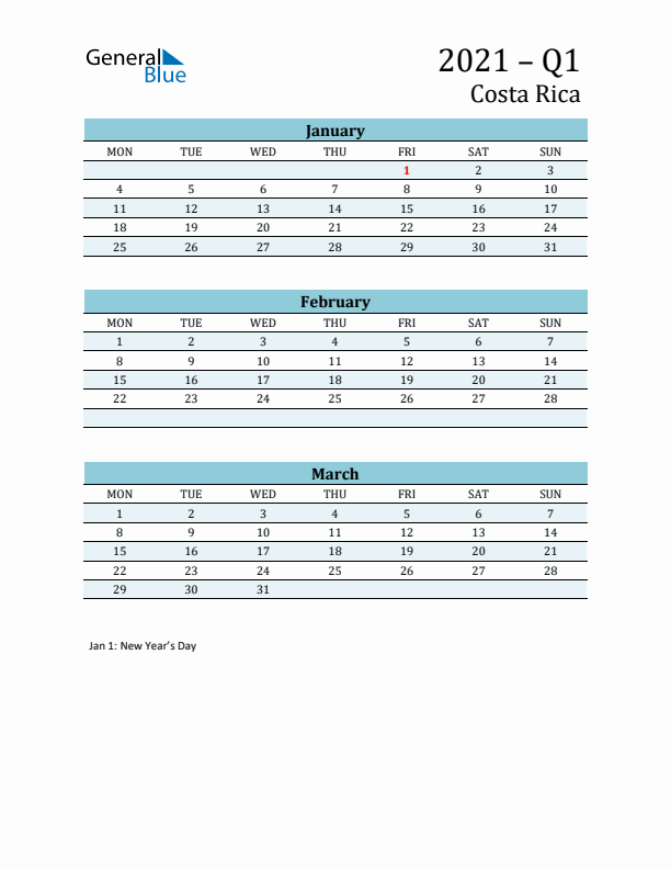 Three-Month Planner for Q1 2021 with Holidays - Costa Rica