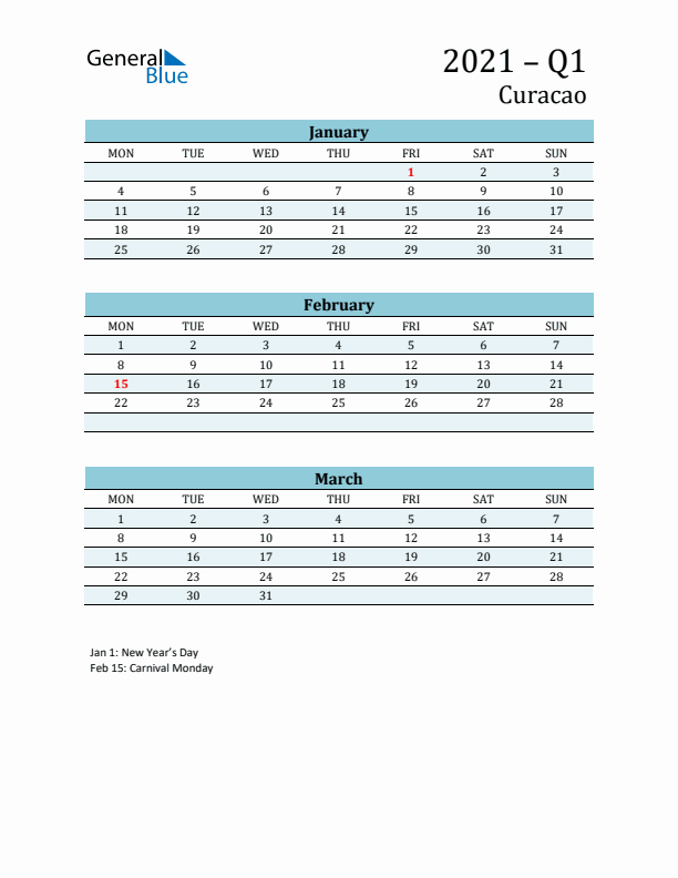 Three-Month Planner for Q1 2021 with Holidays - Curacao