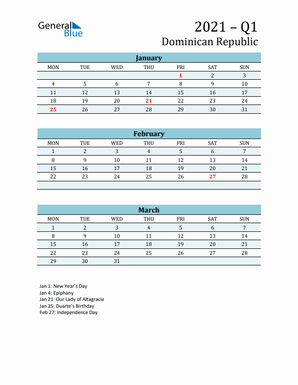 Three-Month Planner for Q1 2021 with Holidays - Dominican Republic