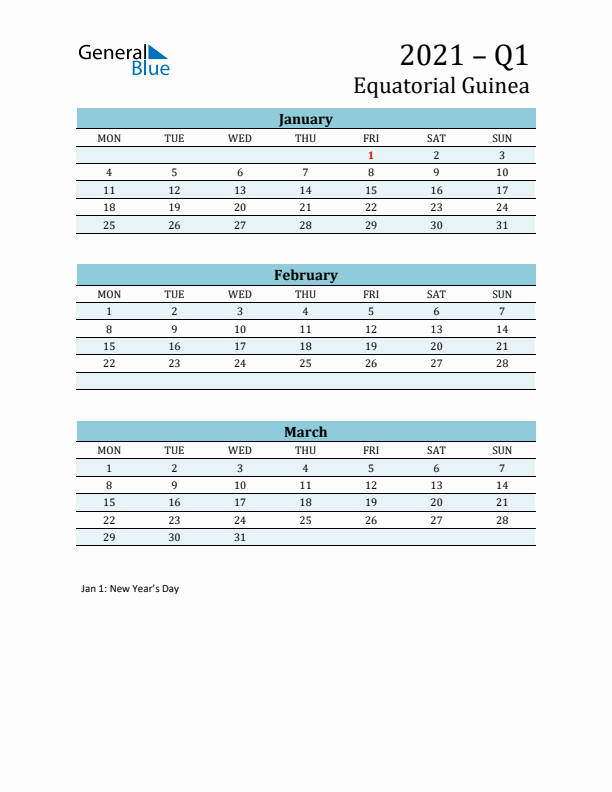 Three-Month Planner for Q1 2021 with Holidays - Equatorial Guinea