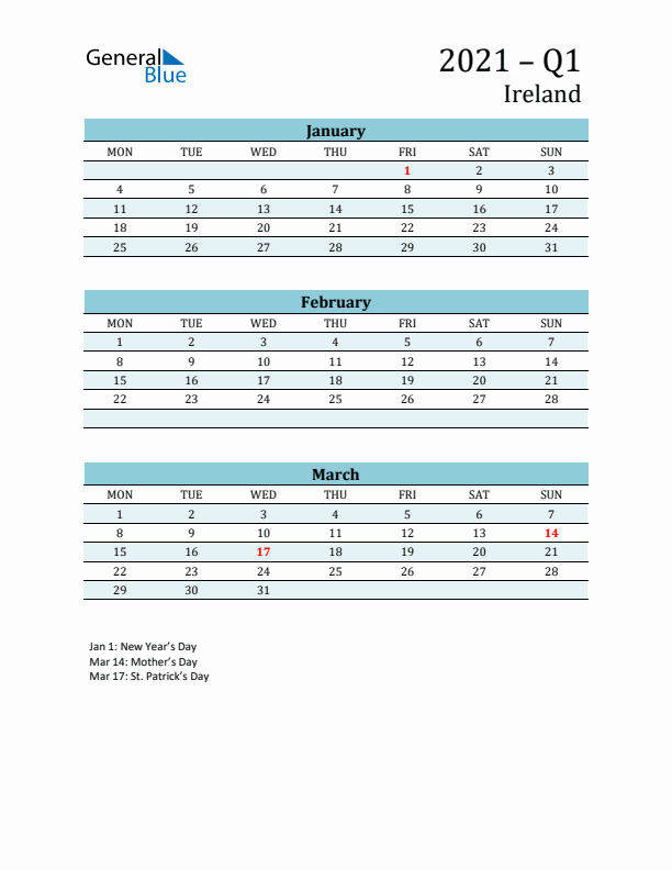 Three-Month Planner for Q1 2021 with Holidays - Ireland