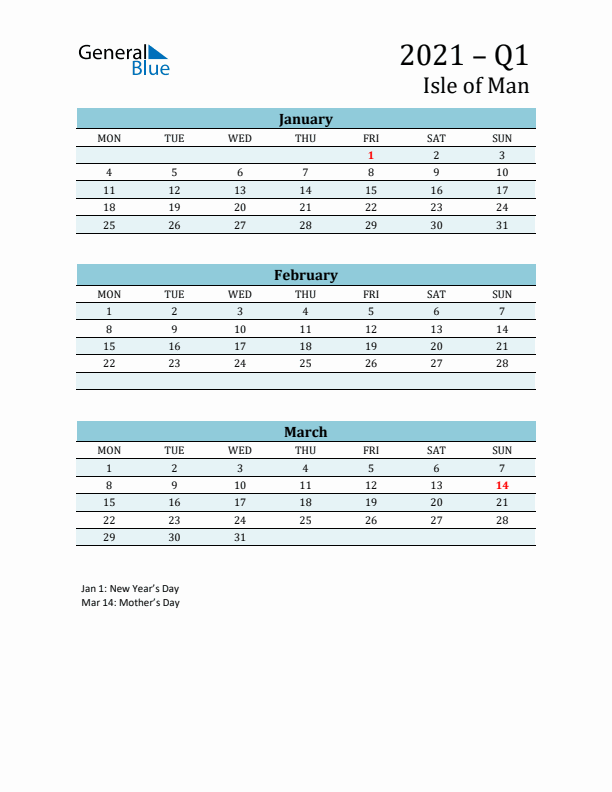 Three-Month Planner for Q1 2021 with Holidays - Isle of Man