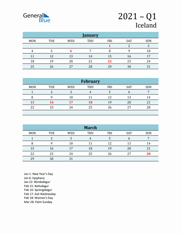 Three-Month Planner for Q1 2021 with Holidays - Iceland