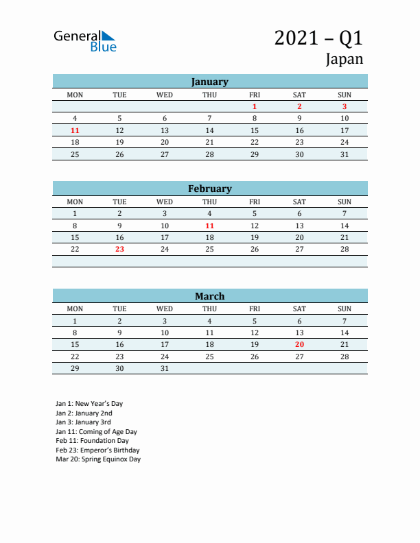 Three-Month Planner for Q1 2021 with Holidays - Japan