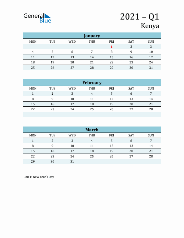 Three-Month Planner for Q1 2021 with Holidays - Kenya