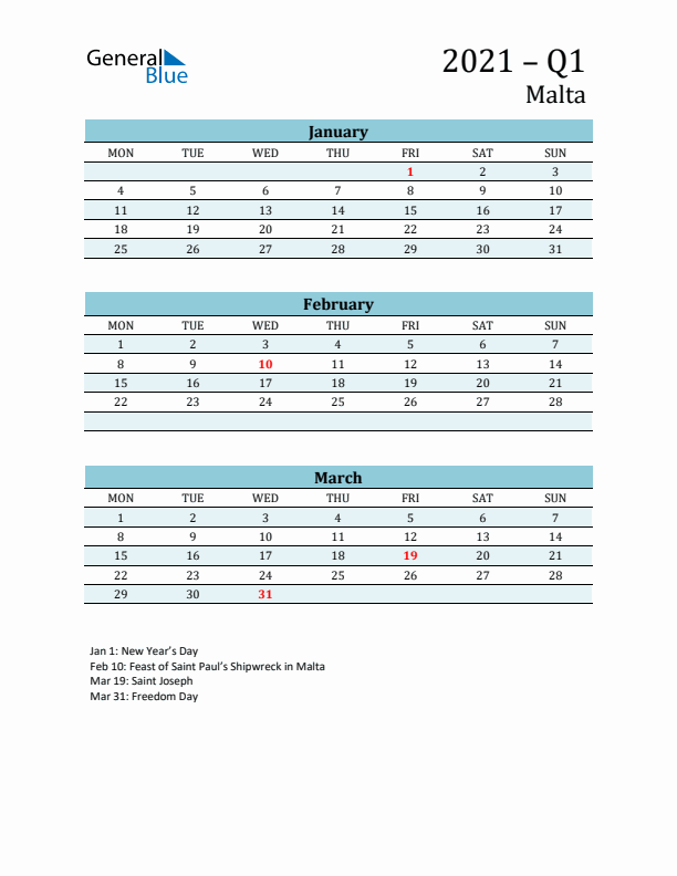 Three-Month Planner for Q1 2021 with Holidays - Malta