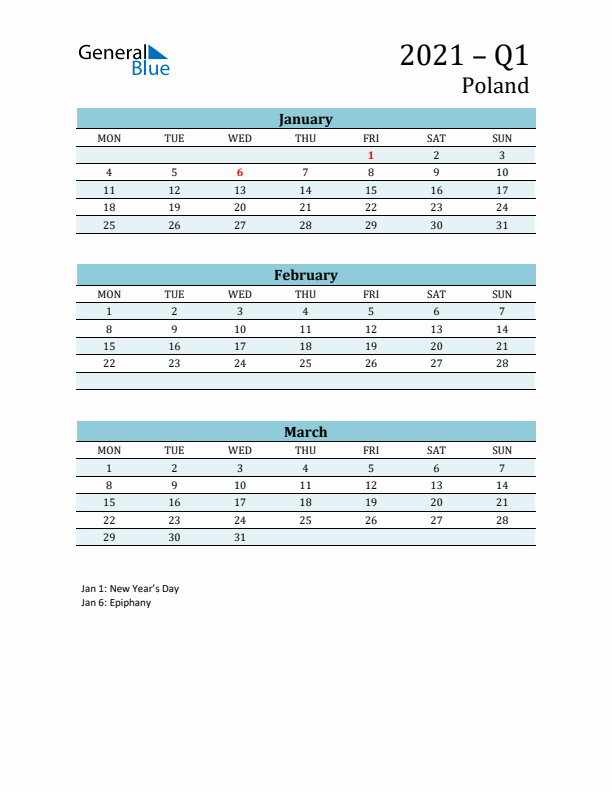 Three-Month Planner for Q1 2021 with Holidays - Poland