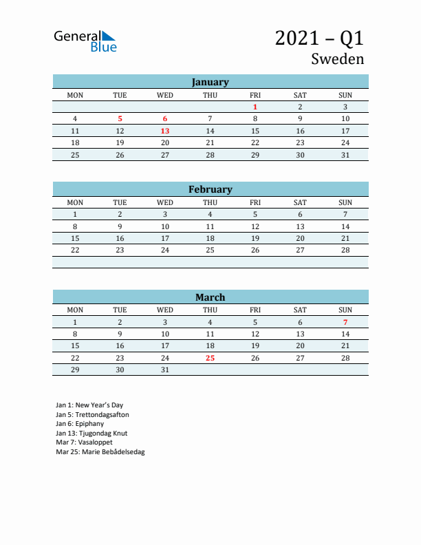 Three-Month Planner for Q1 2021 with Holidays - Sweden