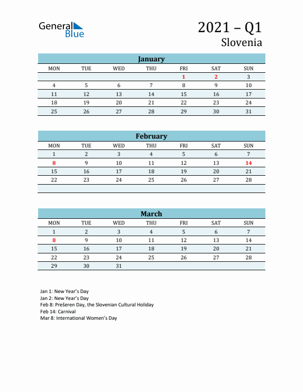 Three-Month Planner for Q1 2021 with Holidays - Slovenia