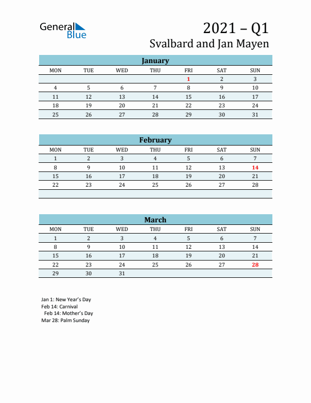 Three-Month Planner for Q1 2021 with Holidays - Svalbard and Jan Mayen