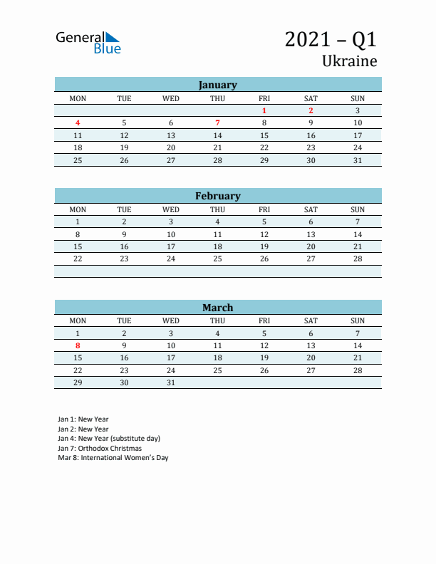 Three-Month Planner for Q1 2021 with Holidays - Ukraine