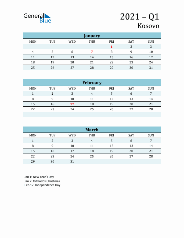 Three-Month Planner for Q1 2021 with Holidays - Kosovo