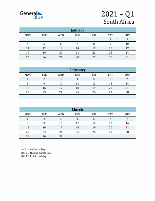 Three-Month Planner for Q1 2021 with Holidays - South Africa