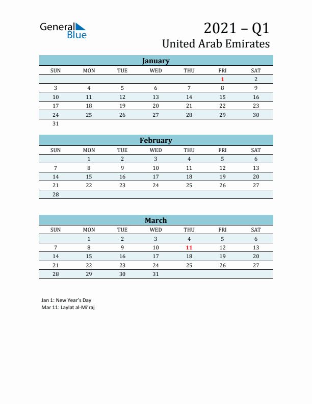 Three-Month Planner for Q1 2021 with Holidays - United Arab Emirates