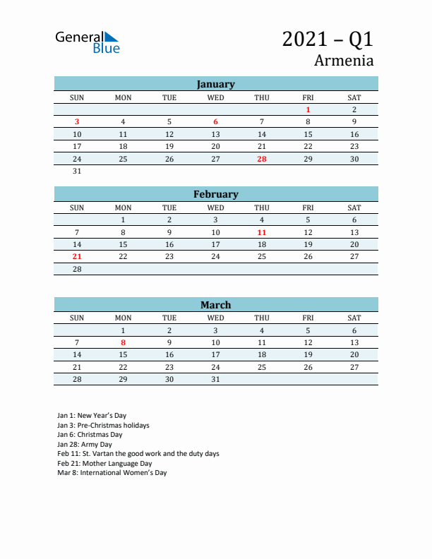 Three-Month Planner for Q1 2021 with Holidays - Armenia