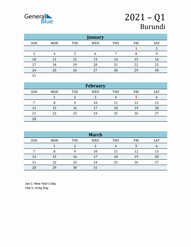 Three-Month Planner for Q1 2021 with Holidays - Burundi